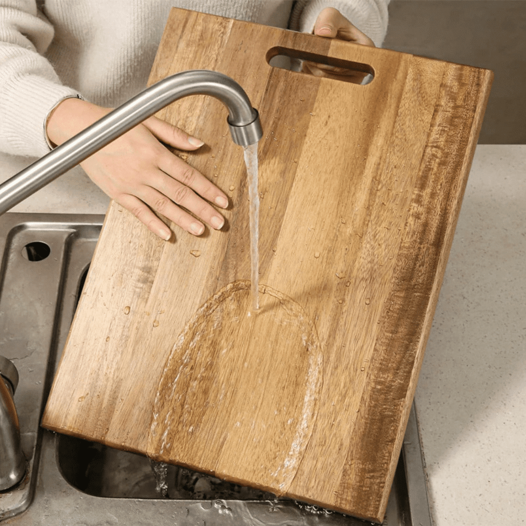 Set of three acacia wood chopping boards with handles, American dark walnut style, suitable for cutting, serving, and kitchen prep