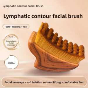 Wooden contour face brush with curved ergonomic shape and dense nano bristles designed for lymphatic drainage massage, facial sculpting, and foundation blending.