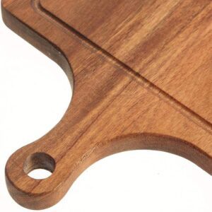 rectangular acacia wood cutting board with handle and juice groove for chopping, serving and food presentation