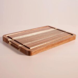 rectangular acacia wood cutting board with juice groove for chopping meat, vegetables, pizza, and food preparation