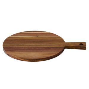 Round Acacia wood cutting board with handle for pizza, bread, fruits, and general kitchen use