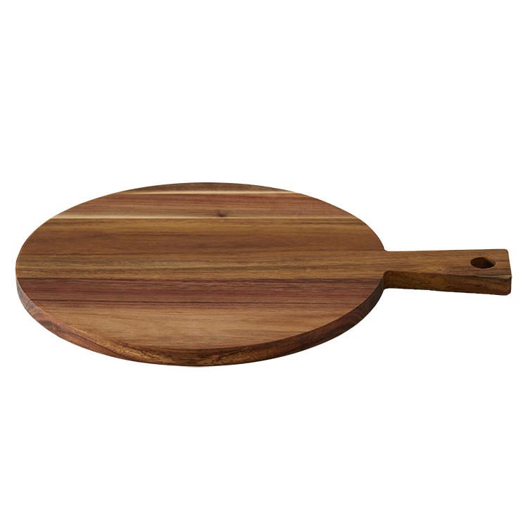 Round Acacia wood cutting board with handle for pizza, bread, fruits, and general kitchen use