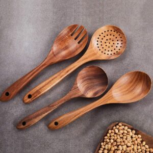 Six-piece teak wood kitchen utensil set featuring long-handle spatulas, cooking spoons, slotted spoon, and serving utensils for non-stick cookware and everyday cooking