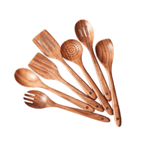 Seven-piece acacia wood cooking utensil set including spatulas, serving spoons, pasta server, slotted spoon, and cooking tools designed for non-stick cookware and kitchen use