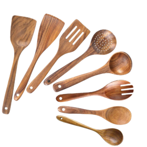 Eight-piece acacia wood kitchen utensil set including spatulas, slotted spoon, serving spoons, and stirring tools for non-stick cookware and everyday cooking