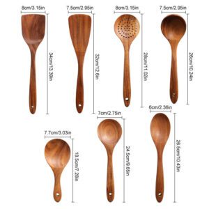 Eight-piece acacia wood kitchen utensil set including spatulas, slotted spoon, serving spoons, and stirring tools for non-stick cookware and everyday cooking