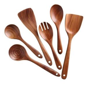 Eight-piece acacia wood kitchen utensil set including spatulas, slotted spoon, serving spoons, and stirring tools for non-stick cookware and everyday cooking