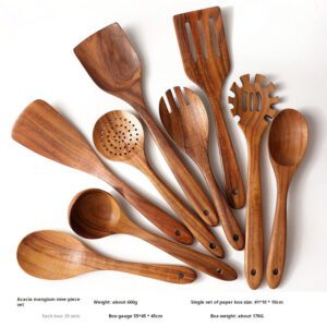 Eight-piece acacia wood kitchen utensil set including spatulas, slotted spoon, serving spoons, and stirring tools for non-stick cookware and everyday cooking