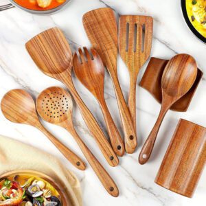 Nine-piece acacia wood kitchen utensil set including spatulas, slotted spoons, soup spoons, rice spoon, and strainer for versatile cooking and serving