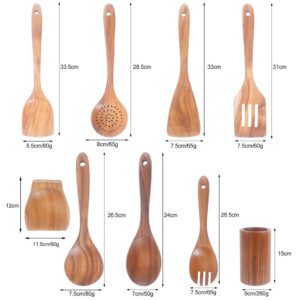 Nine-piece acacia wood kitchen utensil set including spatulas, slotted spoons, soup spoons, rice spoon, and strainer for versatile cooking and serving