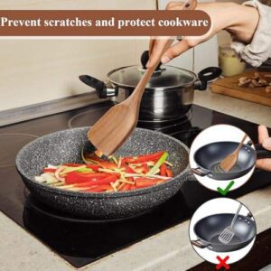 Nine-piece acacia wood kitchen utensil set including spatulas, slotted spoons, soup spoons, rice spoon, and strainer for versatile cooking and serving