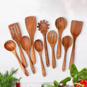 Nine-piece acacia wood kitchen utensil set including spatulas, slotted spoons, soup spoons, rice spoon, and strainer for versatile cooking and serving