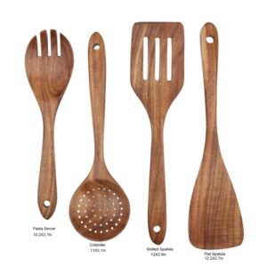 Four-piece set of natural teak wooden kitchen utensils, including spoons and spatulas, designed for cooking with non-stick cookware and daily food preparation