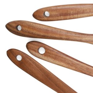 Four-piece set of natural teak wooden kitchen utensils, including spoons and spatulas, designed for cooking with non-stick cookware and daily food preparation