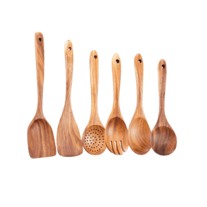 Six-piece teak wood kitchen utensil set featuring long-handle spatulas, cooking spoons, slotted spoon, and serving utensils for non-stick cookware and everyday cooking