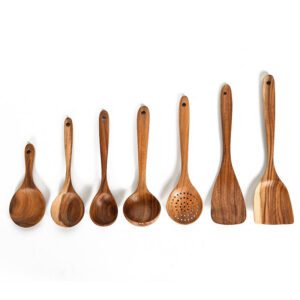 Seven-piece teak wood kitchen utensil set featuring cooking spoons, soup ladles, slotted spoon, spatulas, and serving tools designed for non-stick cookware and daily meal preparation