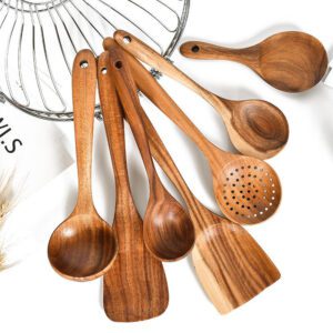 Seven-piece teak wood kitchen utensil set featuring cooking spoons, soup ladles, slotted spoon, spatulas, and serving tools designed for non-stick cookware and daily meal preparation