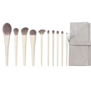 10-piece fibre eye shadow makeup brush set with white plastic handles and soft synthetic bristles for face makeup, eyeshadow blending, eyebrow shaping, and precision detailing.