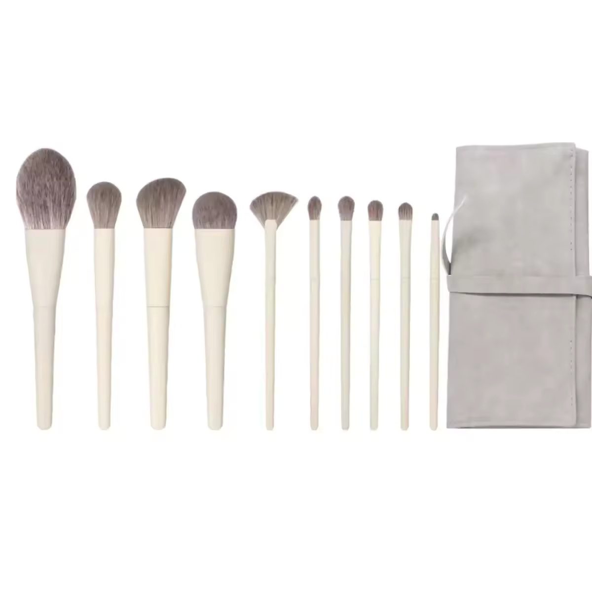 10-piece fibre eye shadow makeup brush set with white plastic handles and soft synthetic bristles for face makeup, eyeshadow blending, eyebrow shaping, and precision detailing.