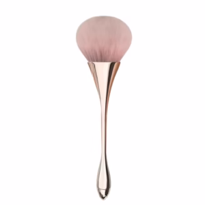 Rose gold handle makeup brush with ultra-soft synthetic bristles, suitable for nail dust removal, blush application, foundation blending, and professional beauty treatments.