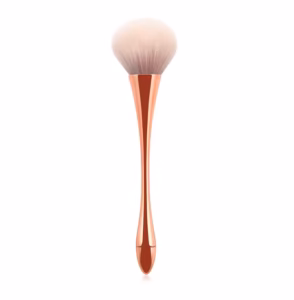 Rose gold handle makeup brush with ultra-soft synthetic bristles, suitable for nail dust removal, blush application, foundation blending, and professional beauty treatments.