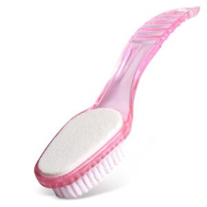 Foot scrub brush with natural pumice stone and ergonomic handle for removing calluses, exfoliating dead skin, and daily foot care