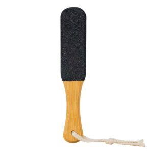 Bamboo foot file with double-sided pumice stone surface and wooden handle for removing calluses and rough dry skin on feet
