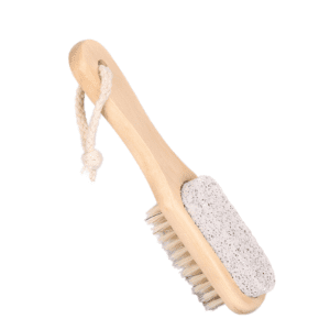 Wooden foot scrubber featuring natural boar bristles and pumice stone for exfoliating dead skin, cleaning feet, and removing calluses