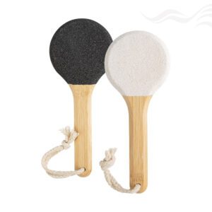 Round double-sided foot file with bamboo handle, pumice stone and abrasive surface for removing cracked heels and hard dead skin