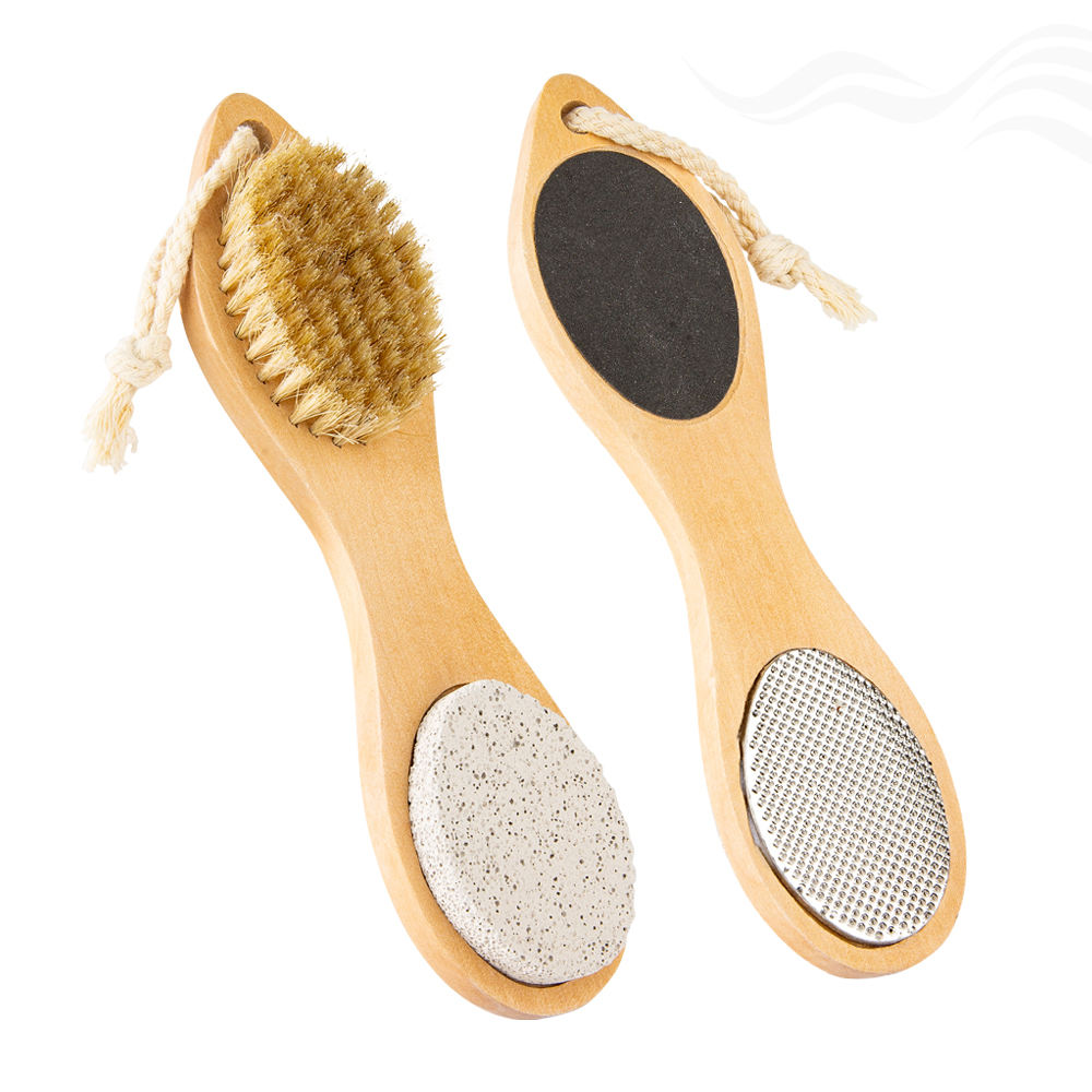 Multi-function wooden foot file featuring bristle brush, abrasive sanding surface, stainless steel rasp, and pumice stone for complete pedicure care
