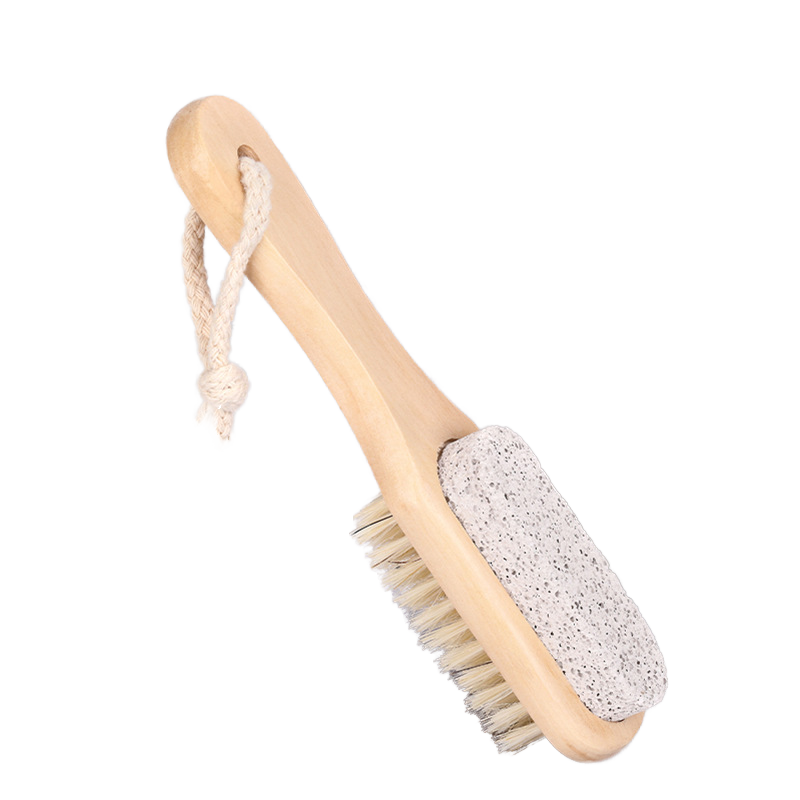 Wooden foot scrubber featuring natural boar bristles and pumice stone for exfoliating dead skin, cleaning feet, and removing calluses