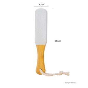 Bamboo foot file with double-sided pumice stone surface and wooden handle for removing calluses and rough dry skin on feet