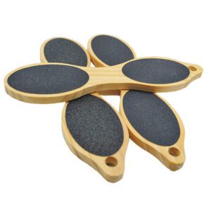 Double-sided wooden foot file with sandpaper abrasive surface for removing calluses, hard skin, and rough heels during pedicure treatments