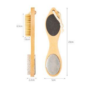 Multi-function wooden foot file featuring bristle brush, abrasive sanding surface, stainless steel rasp, and pumice stone for complete pedicure care