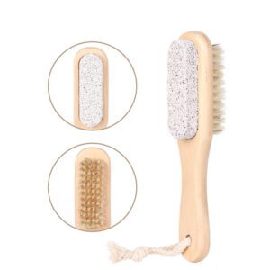 Wooden foot scrubber featuring natural boar bristles and pumice stone for exfoliating dead skin, cleaning feet, and removing calluses