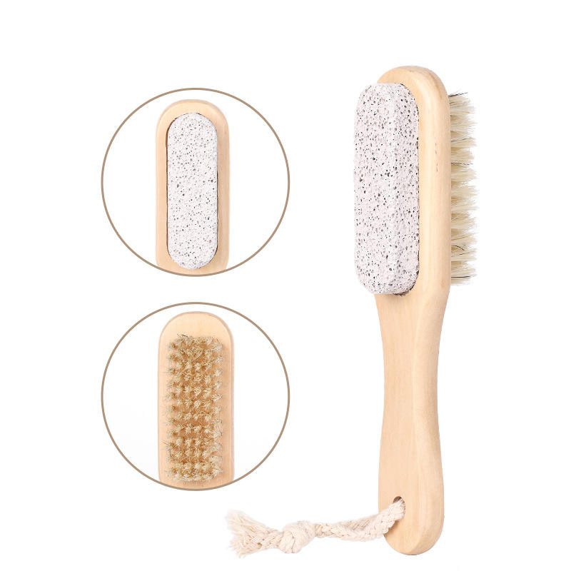 Wooden foot scrubber featuring natural boar bristles and pumice stone for exfoliating dead skin, cleaning feet, and removing calluses