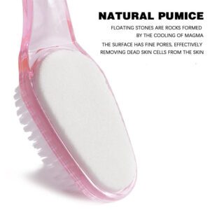 Foot scrub brush with natural pumice stone and ergonomic handle for removing calluses, exfoliating dead skin, and daily foot care