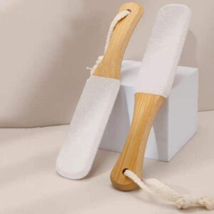 Bamboo foot file with double-sided pumice stone surface and wooden handle for removing calluses and rough dry skin on feet