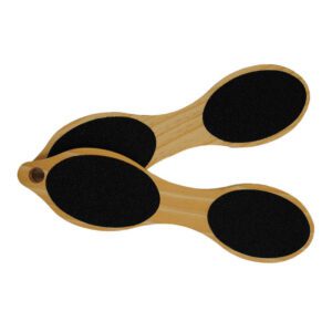 Double-sided wooden foot file with sandpaper abrasive surface for removing calluses, hard skin, and rough heels during pedicure treatments