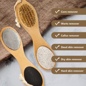 Multi-function wooden foot file featuring bristle brush, abrasive sanding surface, stainless steel rasp, and pumice stone for complete pedicure care