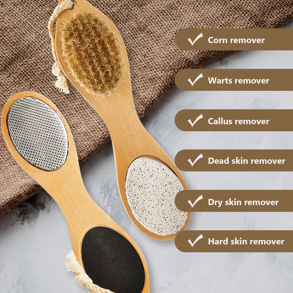 Multi-function wooden foot file featuring bristle brush, abrasive sanding surface, stainless steel rasp, and pumice stone for complete pedicure care