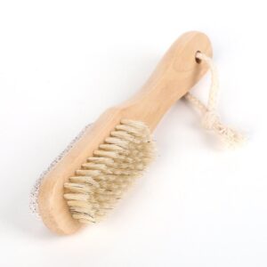 Wooden foot scrubber featuring natural boar bristles and pumice stone for exfoliating dead skin, cleaning feet, and removing calluses