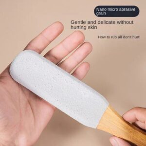 Bamboo foot file with double-sided pumice stone surface and wooden handle for removing calluses and rough dry skin on feet