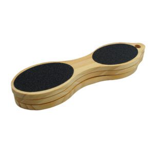 Double-sided wooden foot file with sandpaper abrasive surface for removing calluses, hard skin, and rough heels during pedicure treatments