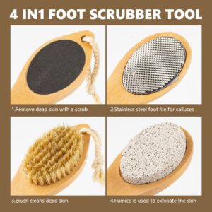 Multi-function wooden foot file featuring bristle brush, abrasive sanding surface, stainless steel rasp, and pumice stone for complete pedicure care