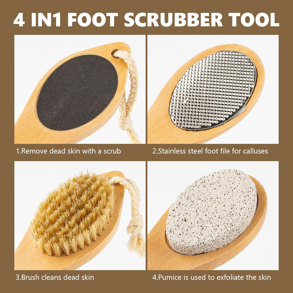 Multi-function wooden foot file featuring bristle brush, abrasive sanding surface, stainless steel rasp, and pumice stone for complete pedicure care