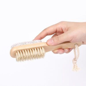 Wooden foot scrubber featuring natural boar bristles and pumice stone for exfoliating dead skin, cleaning feet, and removing calluses