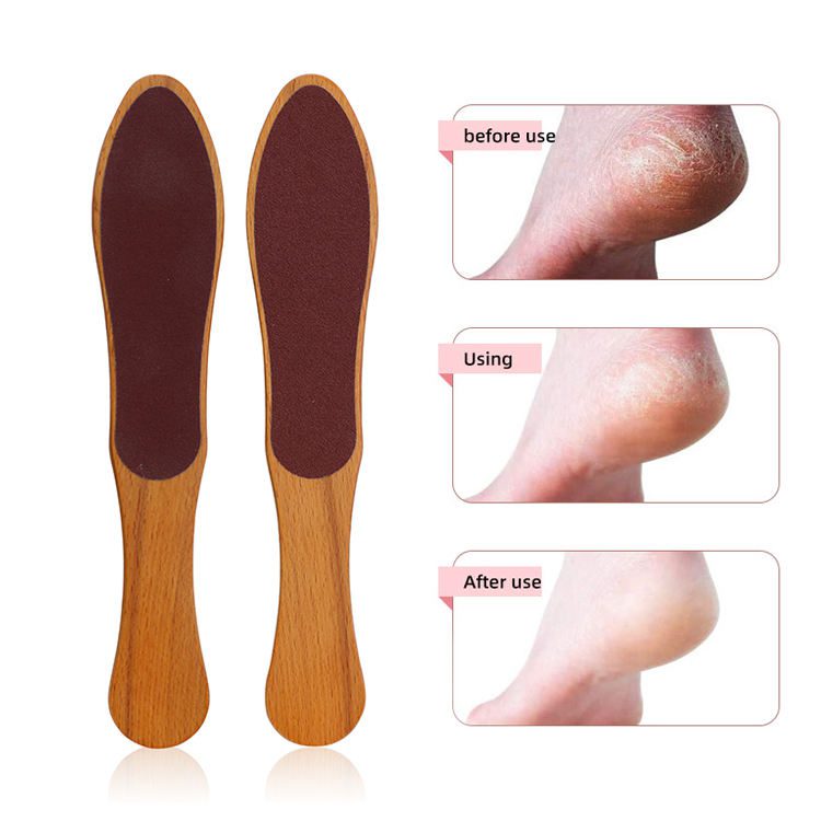 Double-sided wooden foot file with sanding surface for removing dead skin and calluses, portable pedicure tool with ergonomic wood handle