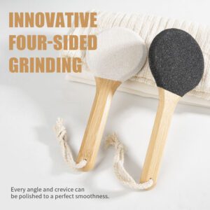 Round double-sided foot file with bamboo handle, pumice stone and abrasive surface for removing cracked heels and hard dead skin
