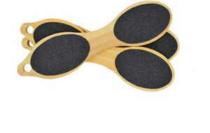 Double-sided wooden foot file with sandpaper abrasive surface for removing calluses, hard skin, and rough heels during pedicure treatments